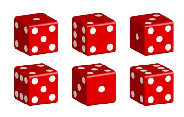 Beyaz noktalı kırmızı zarlar. Vektör seti beyaz arkaplanda izole edildi. 3d zar.