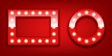 Kırmızı çerçeveli ampuller. Vektör 3 boyutlu illüstrasyon kırmızı arkaplanda izole edildi.