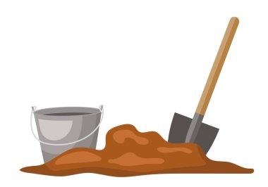 Kürek, bahçe yatağı ve kova. Vektör düz resimleme.