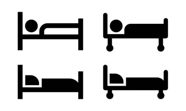 Yatak ikonu. Yatılı tedavi ikonu. Beyaz arkaplanda izole edilmiş vektör düz siyah simgesi.