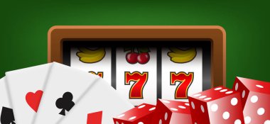 Kumar makinesi, iskambil kartları ve kırmızı zarlar. Yeşil arkaplanda vektör 3d illüstrasyon.