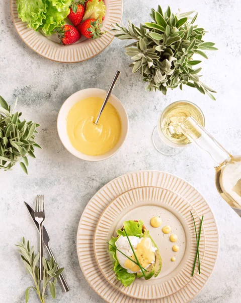 Colazione Pranzo Brunch Con Uova Benedetto Vino — Foto Stock