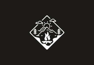 Orman hattında siyah beyaz şenlik ateşi sanat çizimi tasarımı