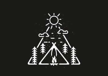 Çadır ve şenlik ateşi çizgisi resim tasarımının siyah ve beyaz rengi