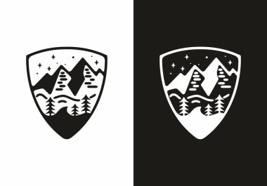 Kalkan şekil tasarımında siyah ve beyaz dağ çizimi