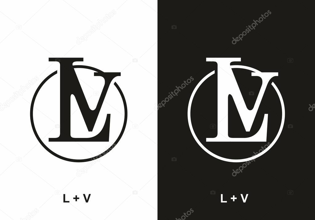Black and white LV initial letter in circle design