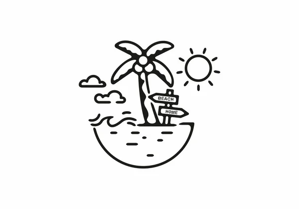 Linea Nera Arte Della Spiaggia Illustrazione Con Disegno Alberi Cocco — Vettoriale Stock