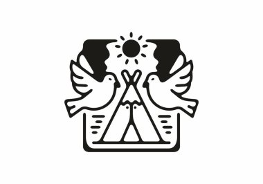 Kamp çadırı ve kuş tasarımının siyah beyaz çizgisi çizimi