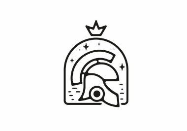 Savaşçı miğferinin taç tasarımlı siyah çizgi çizimi