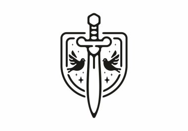 Savaşçı kılıcının ve kalkan tasarımının siyah çizgi çizimi