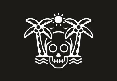 Plaj ve kafatası tasarımının siyah arka planında beyaz çizgi çizimi