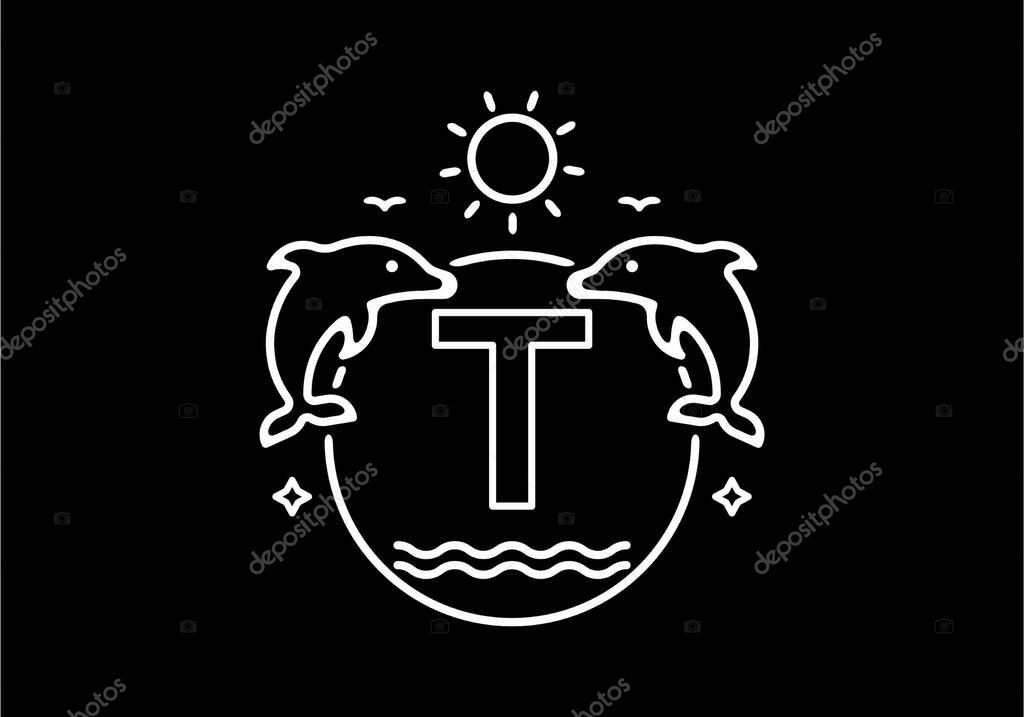 White black line art illustration of T initial name in dolphins frame design