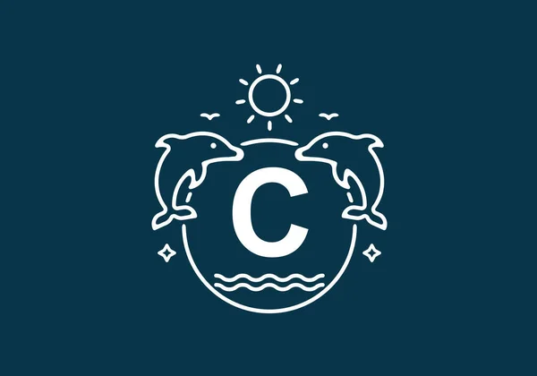 海豚C开头字母的白色蓝色及海洋框架设计 — 图库矢量图片