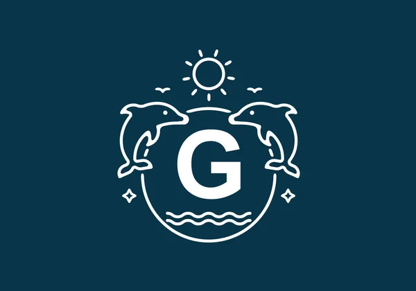 イルカや海洋フレームデザインのG初期文字の白青の色 — ストックベクタ