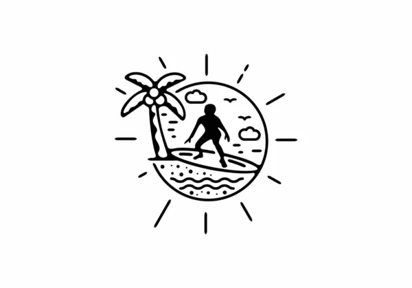 Μαύρη Γραμμή Τέχνη Απεικόνιση Του Surfing Στο Σχεδιασμό Παραλία — Διανυσματικό Αρχείο