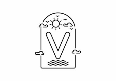 V harfiyle başlayan plajın çizgi çizimi