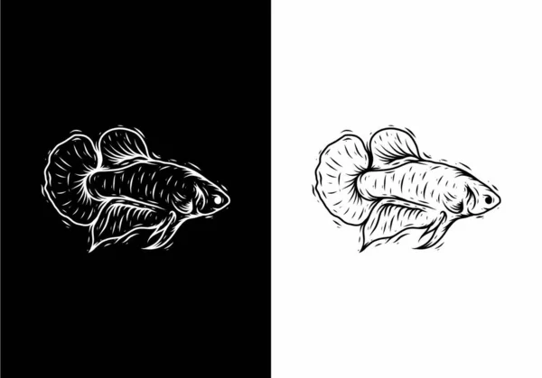 Betta魚のデザインの黒と白の線画 — ストックベクタ