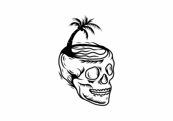 骷髅头和椰子树图案的黑线画图 — 图库矢量图片