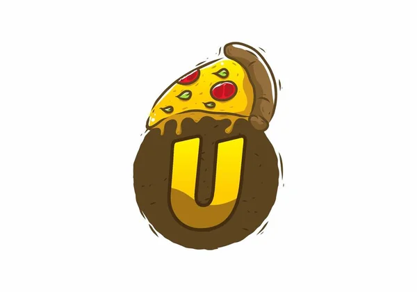 Gele Bruine Pizza Plak Met Beginletter Ontwerp — Stockvector