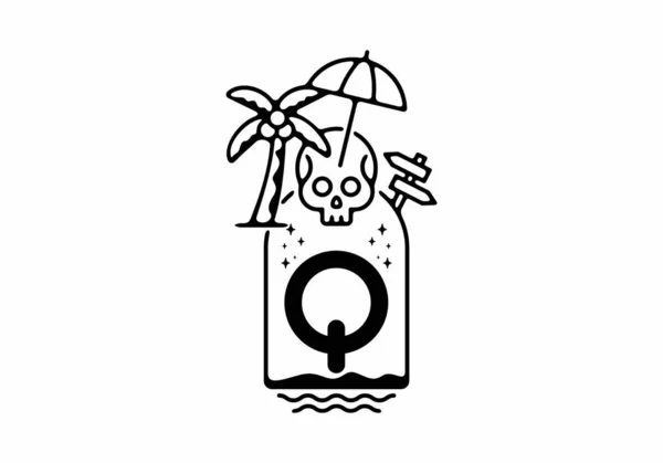 Qの頭文字デザインの頭蓋骨のビーチのブラックラインアートイラスト — ストックベクタ