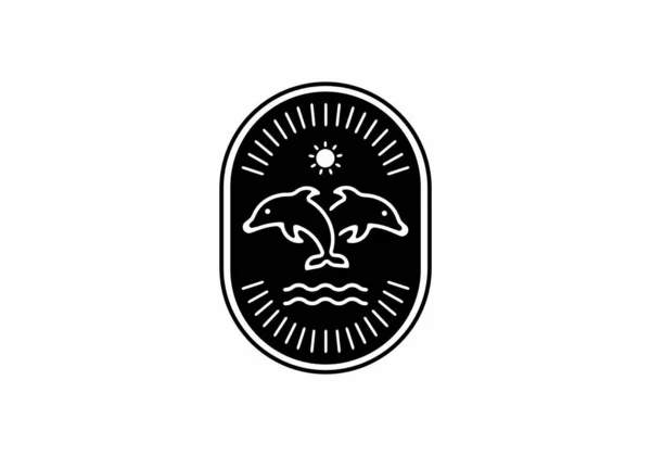 Vintage Preto Branco Arte Linha Design Emblema Golfinho —  Vetores de Stock