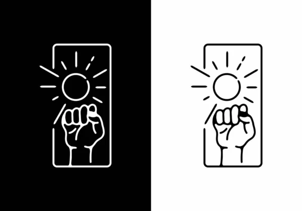 拳と太陽線のアートバッジデザイン — ストックベクタ