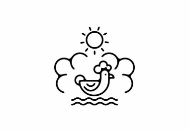 Black line art illustration of rooster and sun design