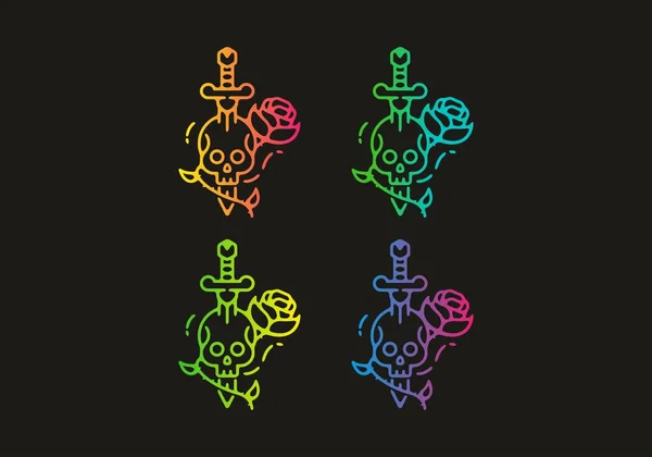 Bunte Farbverlauf Farbe Des Totenkopfes Schwert Und Rose Tattoo Illustration — Stockvektor