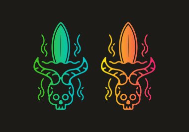 Sörf tahtası ve kafatası ve boynuz tasarımı çizgilerinin renkli gradyan rengi