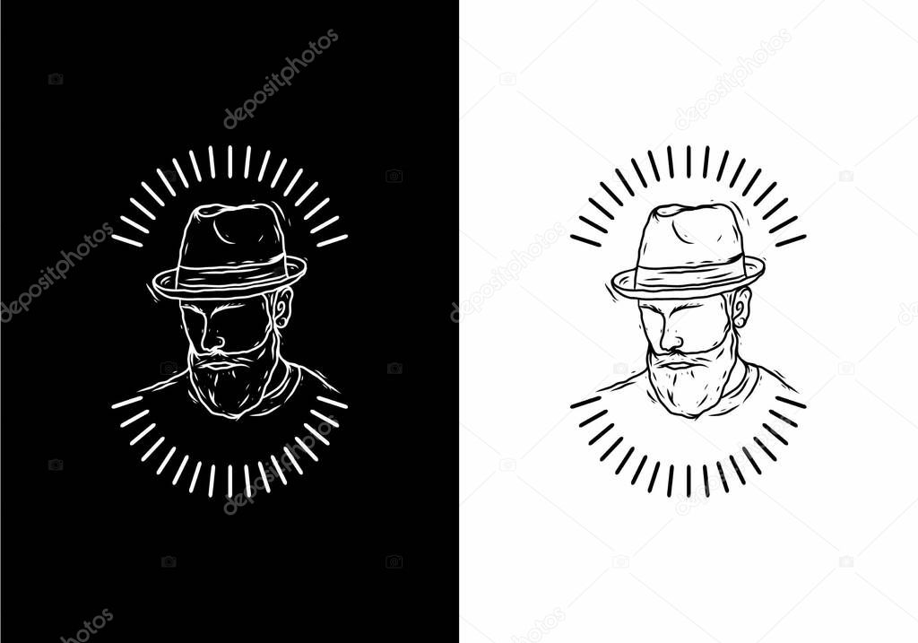 Black and white line art of beard man wearing hat badge design