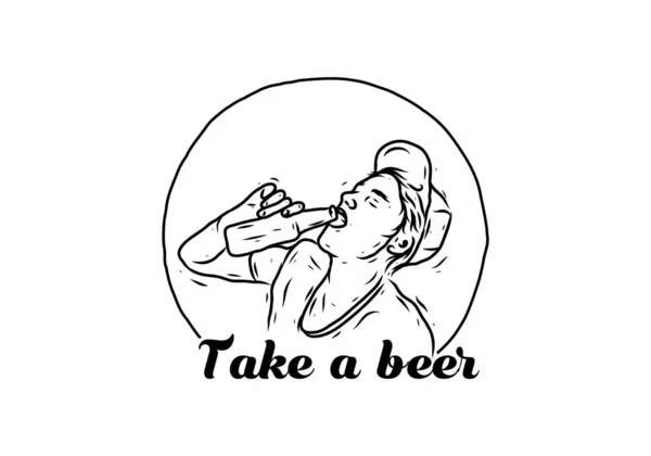 Черная Иллюстрация Рисунка Человека Пить Пиво Дизайн — стоковый вектор