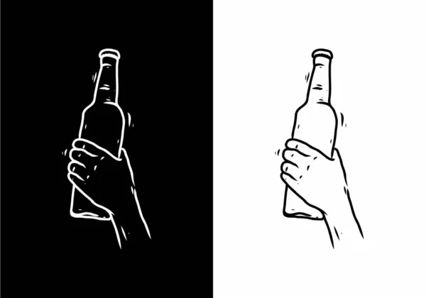 Черно Белая Линия Рисунок Рукопожатия Бутылки Дизайн — стоковый вектор