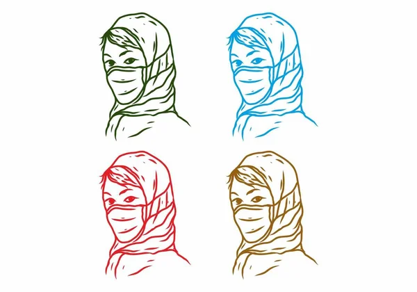 Cztery Odmiany Kolorystyczne Zawoalowanej Kobiety Noszącej Maskę Medyczną Linii Art — Wektor stockowy
