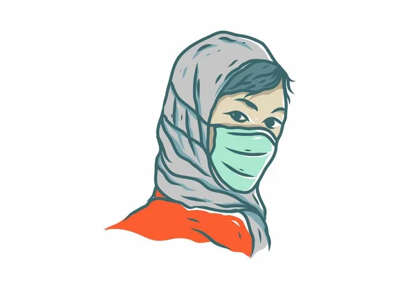 Tıbbi Maske Takan Peçeli Kadın Çizim Tasarımı — Stok Vektör