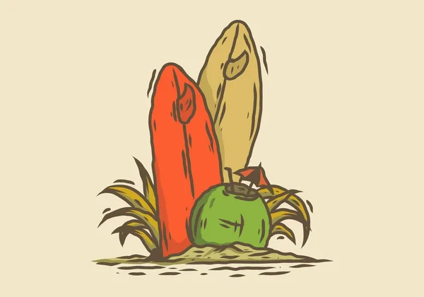 Desenho Ilustração Vintage Frutas Coco Dois Design Prancha Surf —  Vetores de Stock