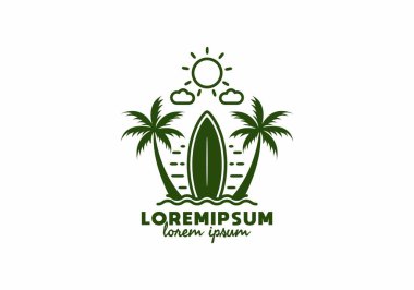 Sörf tahtası ve lorem ipsum metin tasarımı ile hindistan cevizi ağacının yeşil çizgi çizimi