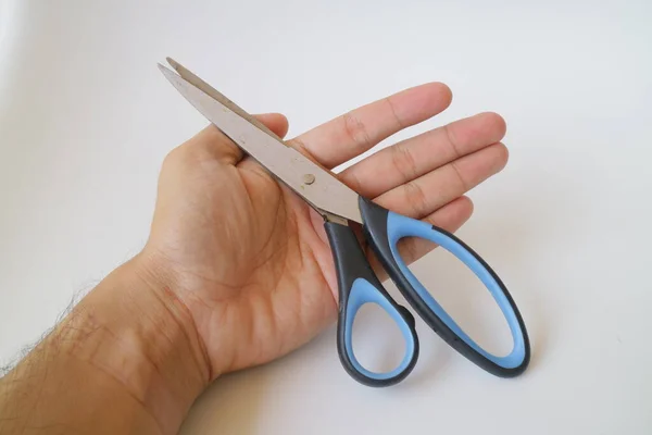 Big Blue Black Scissors White Isolated Background Photo — Stock Photo, Image