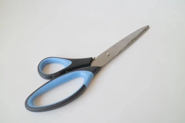 Big Blue Black Scissors White Isolated Background Photo — Stock Photo, Image