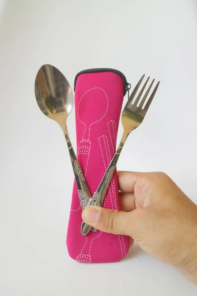 Pink pouch for spoon and fork photo