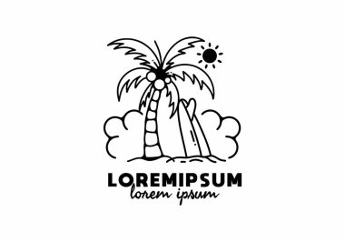 Hindistan cevizi ağacı dizaynı altında kum üzerinde sörf tahtası