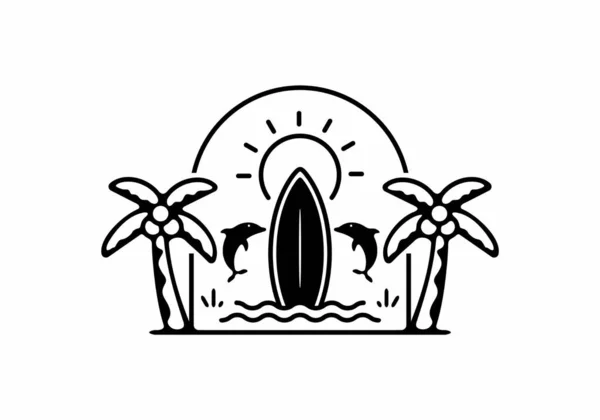 冲浪板和海豚徽章线艺术设计 — 图库矢量图片