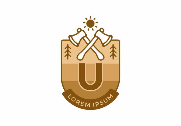 Линейная иллюстрация кемпингового топора с начальным дизайном буквы U
