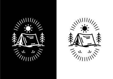 Kamp çadırı tasarımının siyah beyaz çizgisi.