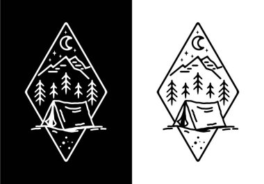 Kamp çadırı tasarımının siyah beyaz çizgisi.