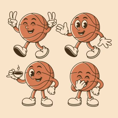 Four cartoon basketball characters with different expressions and poses