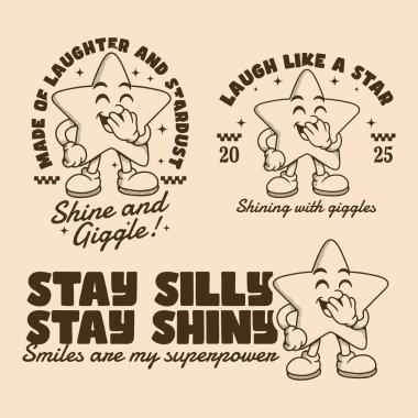 Gülümseyen bir çizgi film yıldızı. Neşeli bir mesaj ve eski yazı stili. Tişörtler, çıkartmalar ve markalar için mükemmel.