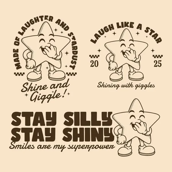 Gülümseyen bir çizgi film yıldızı. Neşeli bir mesaj ve eski yazı stili. Tişörtler, çıkartmalar ve markalar için mükemmel.
