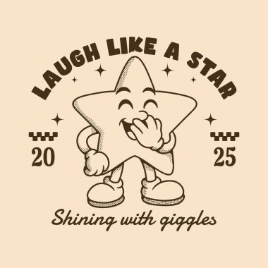 Neşeli bir çizgi film yıldızı neşeyle gülüyor ve her yere sıcak mutluluk titreşimleri yayıyor.