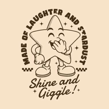 Kahkaha ve yıldız tozundan yapılmış. Mutlu yıldız maskotu ve oyuncu el çizimi metni olan klasik çizgi film tarzı sanat eserleri