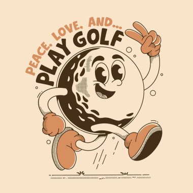 Kolları ve bacakları olan, eldiven ve spor ayakkabı giyen, barış işareti yapan gülümseyen bir golf topu karakterinin geçmişe dönük tasviri. Mesajda Barış, Aşk ve... Golf oyna.